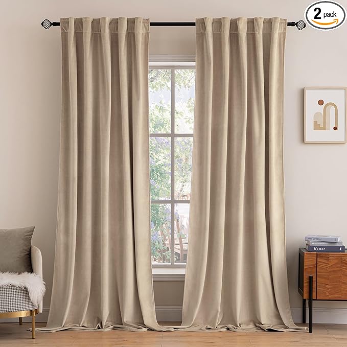 MIULEE Velvet Curtains 96 inches 2 Panels - Luxury Blackout Curtains for Bedroom Living Room Thermal Insulated Super Soft Window Drapes Rod Pocket & Back Tab, Camel Beige, W52 x L96 inches
