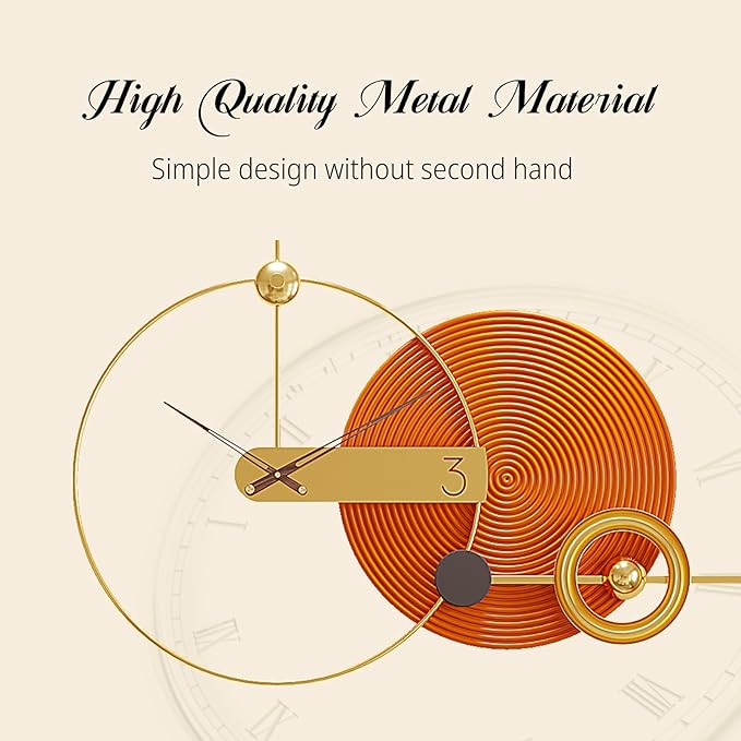 Wall Clock Large 39 Inch - Modern Orange Nordic Style, Battery Operated Silent Metal Decorative Clock for Living Room Bedroom Office House