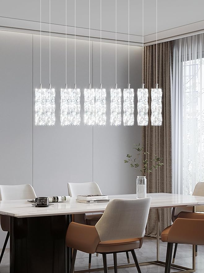 Modern Chandelier, Rectangular Crystal Chandelier Flush Mount Pendant Lighting Chrome Ceiling Light Fixture for Dining, Living Room, Kitchen Island, Bedroom