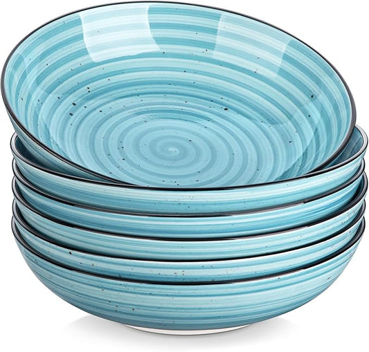 vancasso Bonbon Pasta Bowls Set of 6, 38 Oz Ceramic Salad Bowls, Wide and Shallow Bowls Set, Large Serving Bowls for Kitchen, Blue