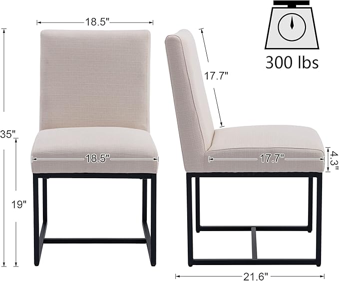 VESCASA Linen Upholstered Dining Chairs Set of 2, Mid Century Modern Padded Chair with Black Metal Frame for Restaurant, Dining Room, Kitchen, Cream