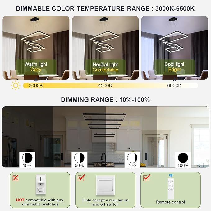 3 Rings Modern LED Chandelier Black 31.5inch Rectangle Dimmable LED Pendant Light with Remote Control 3 Tier Flush Mount High Ceiling Light for Dining Living Room Foyer(3000K-6500K, H71)