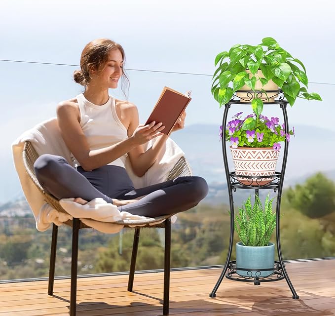 LASZOLA Black 3 Tier Tall Plant Stand for Indoor Outdoor, Large Multiple Level Flower Planter Holder Organizer Rack for Patio Office Bathroom Corner Floor, Sturdy Heavy Duty Metal, Vertical Display