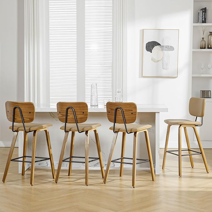 Counter Height Bar Stools Set of 4, PU Leather Upholstered Barstools with Backs, Bent Wood Legs, 26 Inch Seat Height, Mid Century Modern Counter Stools for Kitchen Island, Brown