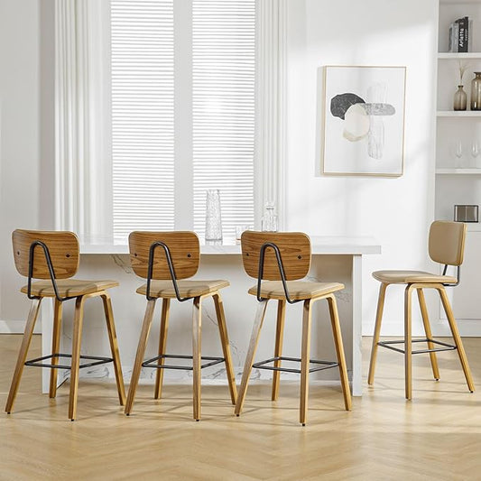 Counter Height Bar Stools Set of 4, PU Leather Upholstered Barstools with Backs, Bent Wood Legs, 26 Inch Seat Height, Mid Century Modern Counter Stools for Kitchen Island, Brown