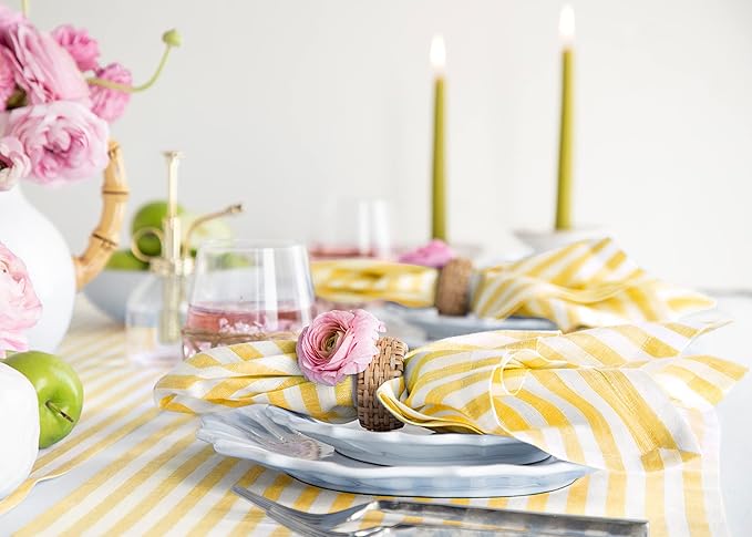 Solino Home Linen Napkins Set of 4-100% Pure Linen Amalfi Stripe Primrose Yellow and White Cloth Dinner Napkins 20 x 20 Inch - Handcrafted and Machine Washable