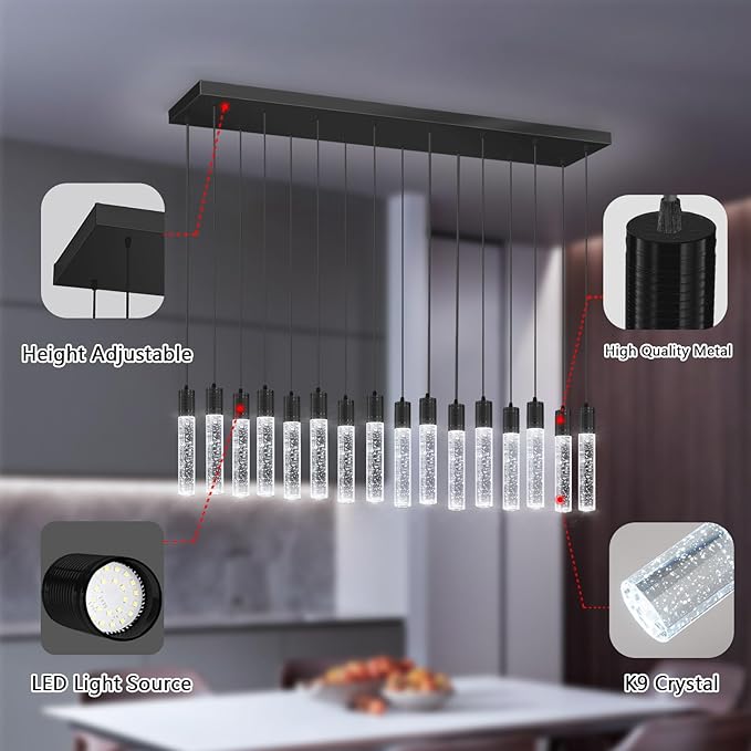 16-Lights Modern Crystal Rectangular Chandeliers LED Pendant Light for Kitchen Island High Ceiling Chandelier for Dining Room Entrance Foyer Living Room Black