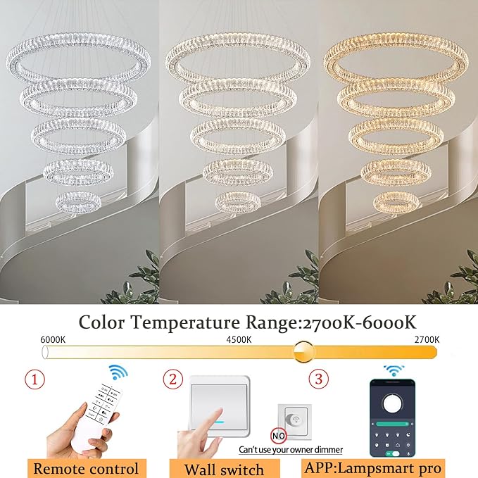 Extra Large LED 5-Ring Crystal Chandeliers for High Ceiling Modern Glam Crystal Ring Chandeliers Living Room Foyer Staircase D8+15.7"+23.6"+31.5"+39.4"
