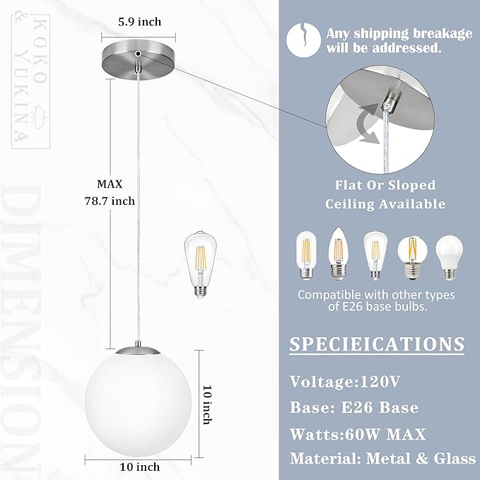 KoKo&Yukina 10 Inch Pendant Light Nickel Globe Pendant Lights Kitchen Island Mid Century Light Fixture Adjustable Globe Cluster Lights with Milky White Glass Shade for Dining Room Living Room