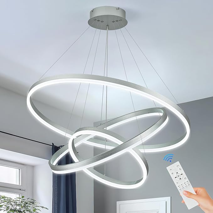 3-Rings Modern LED Chandelier Silver, Dimmable Pendant Lighting with Remote Control Circular Flush Mount High Ceiling Light for Living Room Dining Room Foyer, 3000K-6500K D31.5’’