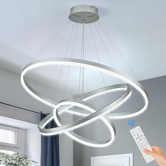 3-Rings Modern LED Chandelier Silver, Dimmable Pendant Lighting with Remote Control Circular Flush Mount High Ceiling Light for Living Room Dining Room Foyer, 3000K-6500K D31.5’’