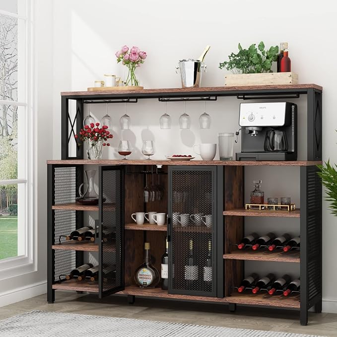 Bar Cabinet, 55 Inches Kitchen Sideboard Buffet Cabinet with Wine Rack Storage, Industry Coffee Bar Cabinet with Wine Rack and Glass Holder for Liquor and Glasses (Rustic)