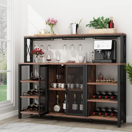 Bar Cabinet, 55 Inches Kitchen Sideboard Buffet Cabinet with Wine Rack Storage, Industry Coffee Bar Cabinet with Wine Rack and Glass Holder for Liquor and Glasses (Rustic)