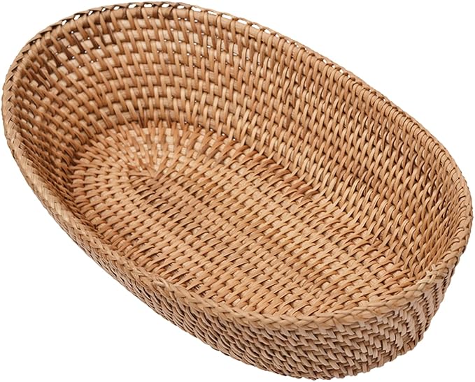 i-lan Large Size Handmand Oval Bread Serving Basket, Natural Rattan Fruit Bowl, Coffee Table Tray for Food Storage, Snack, Vegetable, Honey Brown （L: 12.5")