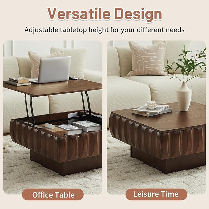 31" Lift Top Coffee Table for Living Room, Fluted Coffee Table with Hidden Storage Compartment, Mid Century Modern Solid Wood Veneer Square Center Table for Office Apartment Small Space, Walnut