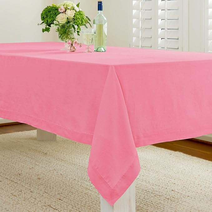 Solino Home Linen Tablecloth for Rectangle Tables 60 x 108 Inch - 100% Pure Linen Pink Carnation Table Cloth - Fete, Machine Washable Cloth Tablecloth for Halloween