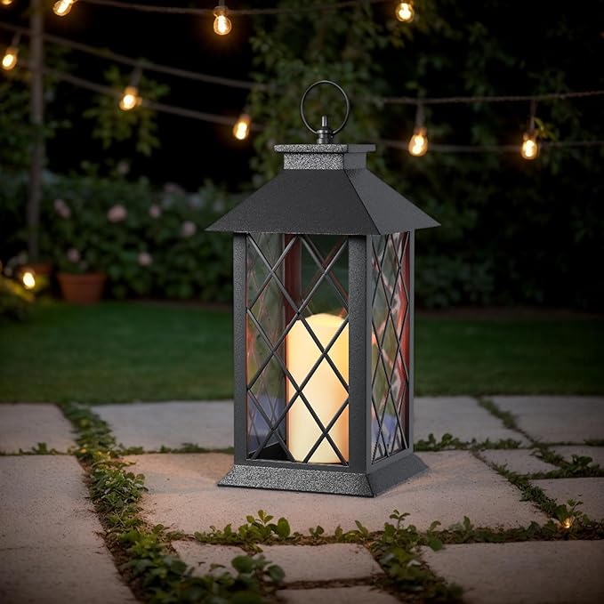 Lanterns Decorative Indoor, 14" Battery-Powered Waterproof Black LED Candle Lanterns with Timer for Patio & Outdoor, Vintage Hanging Lantern for Home & Wedding, Diamond