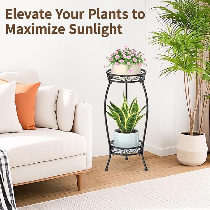 LASZOLA 2 Tier Black Plant Stand Indoor Outdoor for Large Tall Flower Planters on Patio, Heavy Duty Metal Multi Vertical Rack for Narrow Floor Corner, Sturdy Round Holder Organizer Modern Mid Century