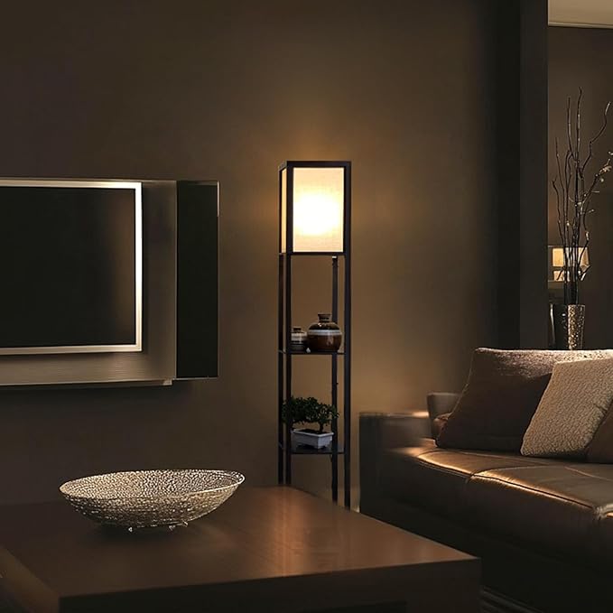 Brightech Maxwell - Modern Shelf Floor Lamp with Shade and LED Bulb Corner Display Lamps Shelves for Living Room, Bedroom Office Black