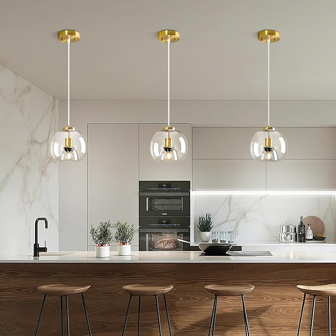 Clear Glass Pendant Lights Kitchen Island 2 Pack 7.87" Glass Globe Pendant Light Gold Hanging Light Fixture Modern Pendant Lighting for Kitchen Island Bedroom Dining Room