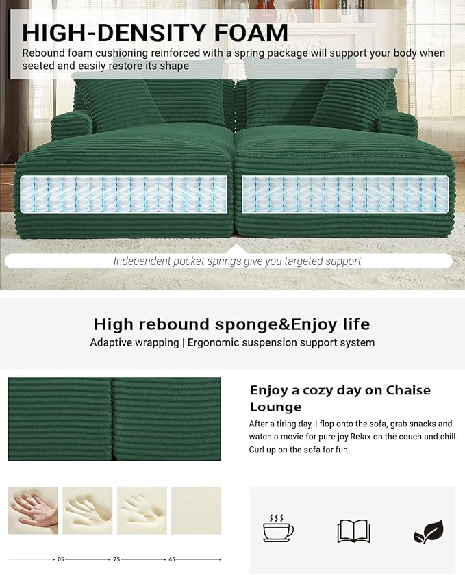 Oversized Double Chaise Lounge, Corduroy Boneless Couch, Modern Oversized Chaise Lounge, Upholstered Sleeper Sectional Sofa Daybed with Throw Pillows and Armrest for Living Room, Green