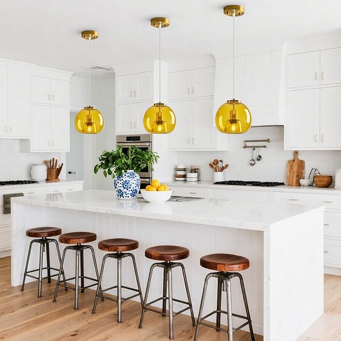 Yellow Glass Pendant Lights Kitchen Island Gold Hanging Light Fixture Glass Globe Pendant Light Modern Pendant Lighting for Kitchen Island Bedroom Dining Room (7.87", 1 Pack)