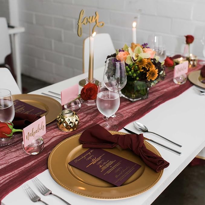 8 Pack 10 ft Burgundy Cheesecloth Table Runner 35x120 Inches Boho Gauze Rustic Cheese Cloth Runners Long Romantic Sheer Table Runner for Wedding Bridal Shower Party Christmas Birthday Decor