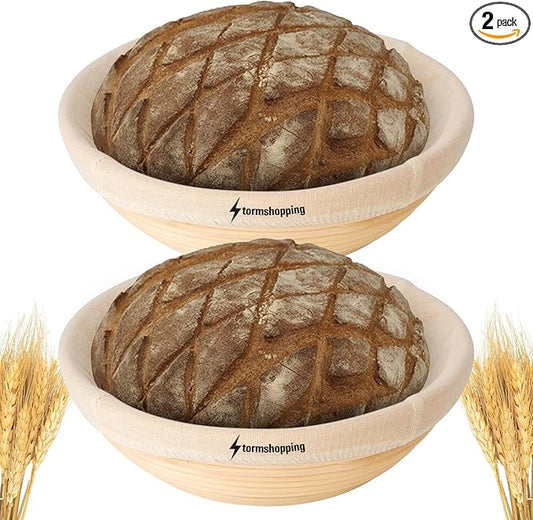Banneton Bread Proofing Basket - Banneton Basket Set of 2 Pack 7 inch Round Sourdough Proofing Basket with Liner - Handmade Rattan Proofing Rising Bowl for Artisan Bread Making Baking Supplies
