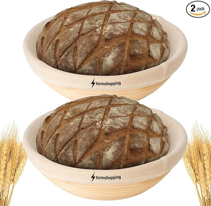 Banneton Bread Proofing Basket - Banneton Basket Set of 2 Pack 10 inch Round Sourdough Proofing Basket with Liner - Handmade Rattan Proofing Rising Bowl for Artisan Bread Making Baking Supplies