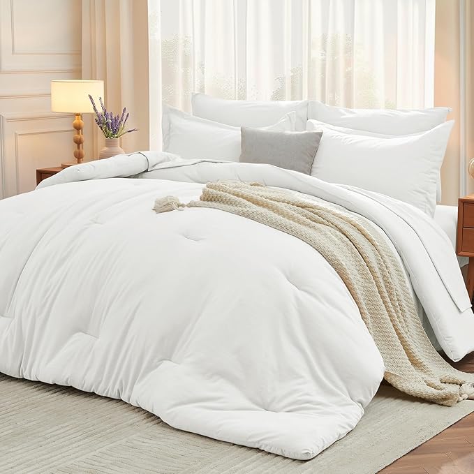MUXHOMO 5 Pieces Twin Comforter Set, Soft Bed in a Bag Twin Size, All Season Bedding Set with Comforter, Flat Sheet, Fitted Sheet, Pillowcases & Shams, White