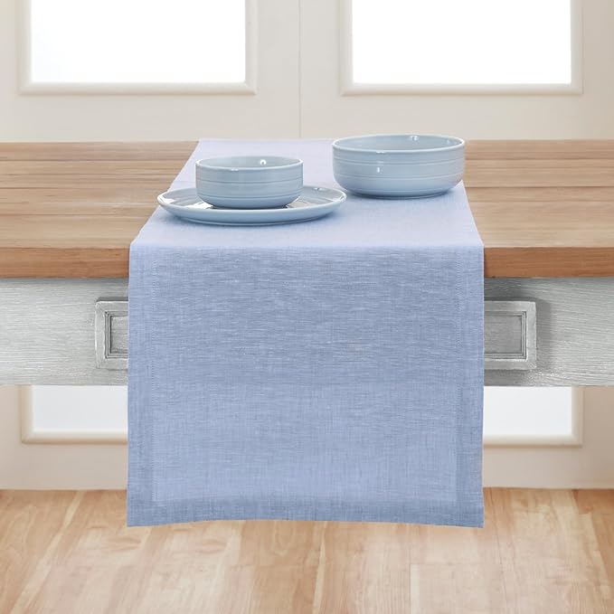 Solino Home Linen Table Runner 90 Inches Long - Athena, 100% Pure Linen Chambray Blue Table Runner 14 x 90 Inch for Dining, Christmas