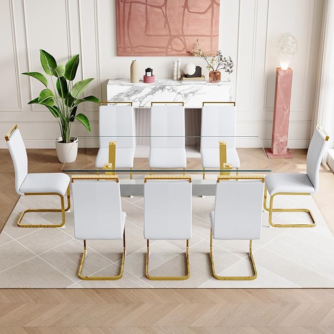 9 Piece Glass Dining Table Set, Kitchen Table Chairs Set for 8, 71'' Dining Table with 0.4" Tempered Glass Tabletop with Plated Metal Legs and MDF Crossbar, 8 PU Chairs for Dining Room, Kitchen.