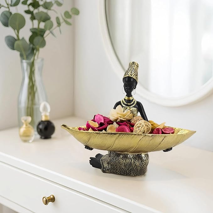 African Sitting Woman Leaf Bowl Statue – Tribal Resin Figurine for Candy Dish, Key Holder, Vanity Tray, African Decor Gift