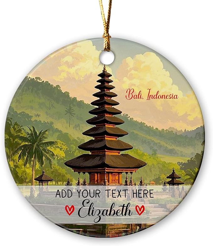 Customized Text/Name Bali Indonesia Ceramic Ornament Christmas 2025, Personalized Bali Landscape Christmas Ornament Keepsake, Ulun Danu Beratan Temple Xmas Ornaments Gifts for Travel Lover Men Women