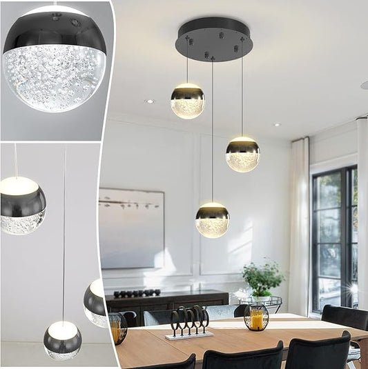 Modern Crystal Pendant Lighting Black Globe Pendant Light Fixture, Mid Century Chandelier 3-Light Hanging Fixture for Kitchen Island,Globe Chandeliers for Dinning Room Bedroom