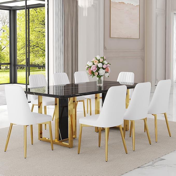 TesNus 79" Black Dining Table Set for 8 with Chairs,Large Faux Marble Kitchen Table and Chairs Set Rectangular 9 Piece Dining Room Set with Gold Metal Legs,Easy Assemble,Stable Base