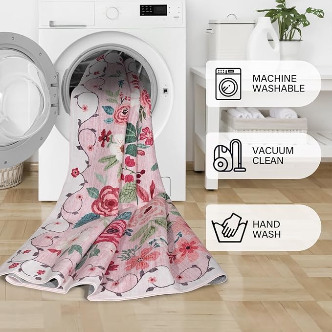 DUKINO 2.6x8 Kitchen Runner Rug for Hallway, Washable Runner Rug with Non Slip Backing, Low Pile Soft Boho Floral Carpet for Hallway, Kitchen, Entryway, Laundry, Bedroom, Pink