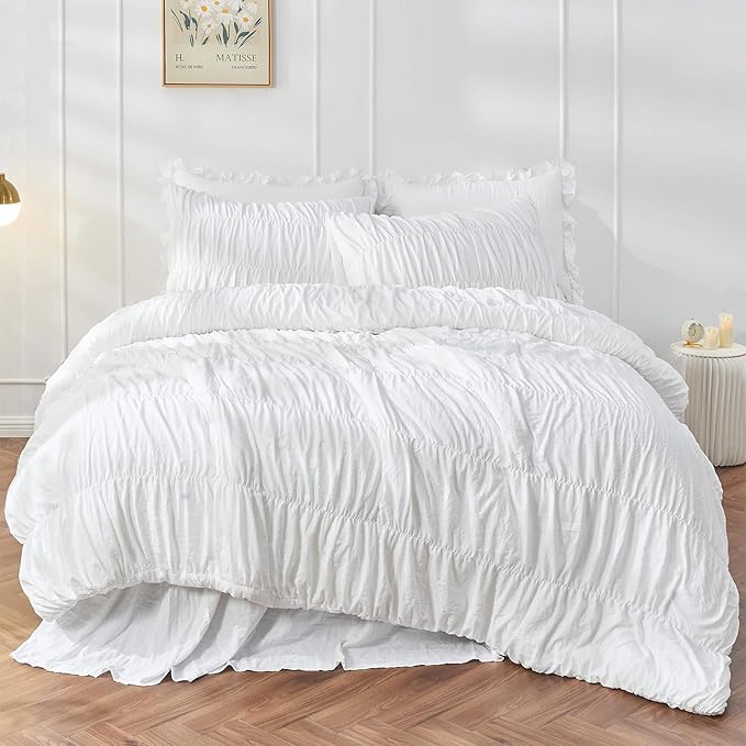 Queen Comforter Set White Bedding - Ruched Comforter Queen Size Bed Set Boho Shabby Chic Bedding for Bedroom Comforter Fluffy 3 Piece Ruffle Comforter Set with Pillow White Soft