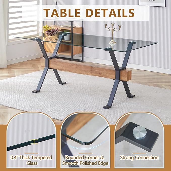 7 Piece Glass Dining Table Set, Kitchen Table Chairs Set for 6, 71'' Dining Table with 0.4" Tempered Glass Tabletop with Plated Metal Legs and MDF Crossbar, 6 Chairs for Dining Room, Kitchen.
