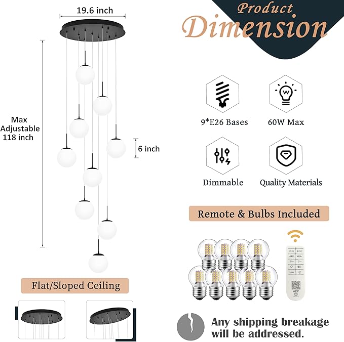 KoKo&Yukina 9-Light Globe Milky White Glass Pendant Light Adjustable Length Pendant Lights Modern Glass Globe Pendant Lights Black Chandeliers Large Chandeliers for High Ceilings (Bulb & Remote Incl)