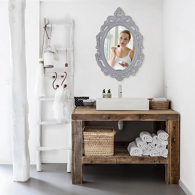 Oval Wooden Hanging Mirror - Grey Carved Frame Wall Mirror Rustic Vintage Decorative Aesthetic for Vanity Bedroom Living Room Entryway Farmhouse 24"x16"