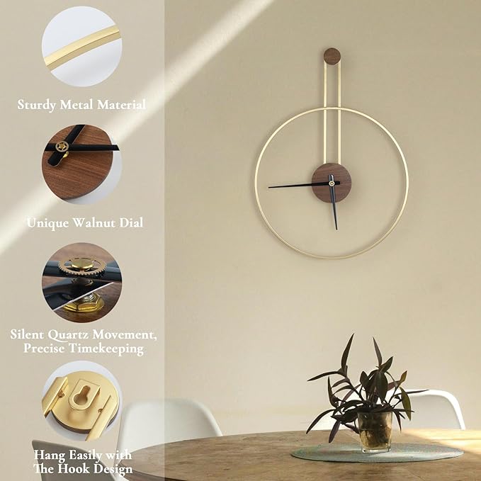 Modern Wall Clock Large Wall Clocks with Walnut Dial Silent Non-Ticking for Living Room Home Decor Bedroom Kitchen Office 17.8''× 24.4'' (Gold, Medium)