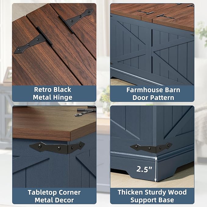 Farmhouse Coffee Table with Large Hidden Storage Compartment, Navy Blue Square Center Table, Wood Rustic Low Modern Living Room Tables with Hinged Lift Brown Top & Wooden Arc Base