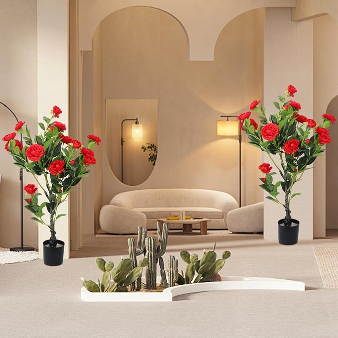 2 Pack Artificial Camellia Tree, 36" Red Faux Camellia Plant, Fake Indoor Outdoor Tree for Home, Office, Porch, Living Room, Red