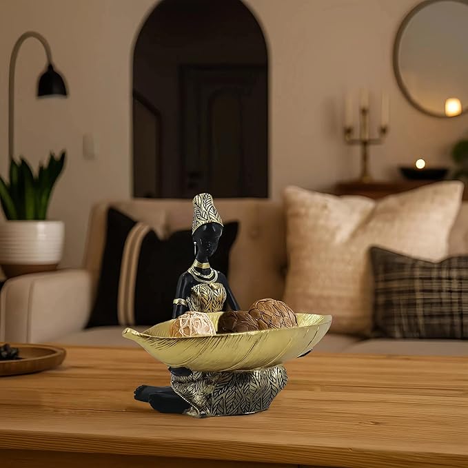 African Sitting Woman Leaf Bowl Statue – Tribal Resin Figurine for Candy Dish, Key Holder, Vanity Tray, African Decor Gift