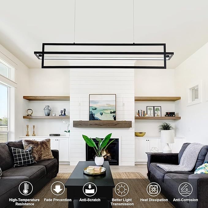Modern LED Linear Rectangle Chandelier Dimmable 35.4” Kitchen Island Lighting, Contemporary Hanging Linear Led Pendant Chandelier Light Fixture for Dining Room Hallway Bar Black