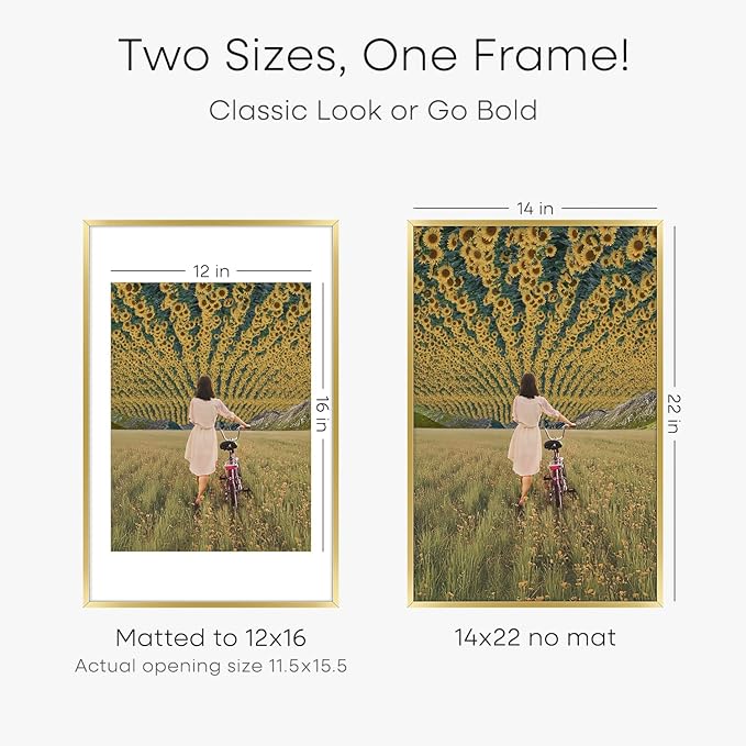 Homeforia 14x22 Picture Frame Gold, High End Metal 14x22 Poster Frames with Mat 12x16 Photo, 14 x 22 Gold Frames Matted to 12 by 16 Print, 22x14 Thin Hanging Frames, Tempered Glass, Wall Kit, Set of 3