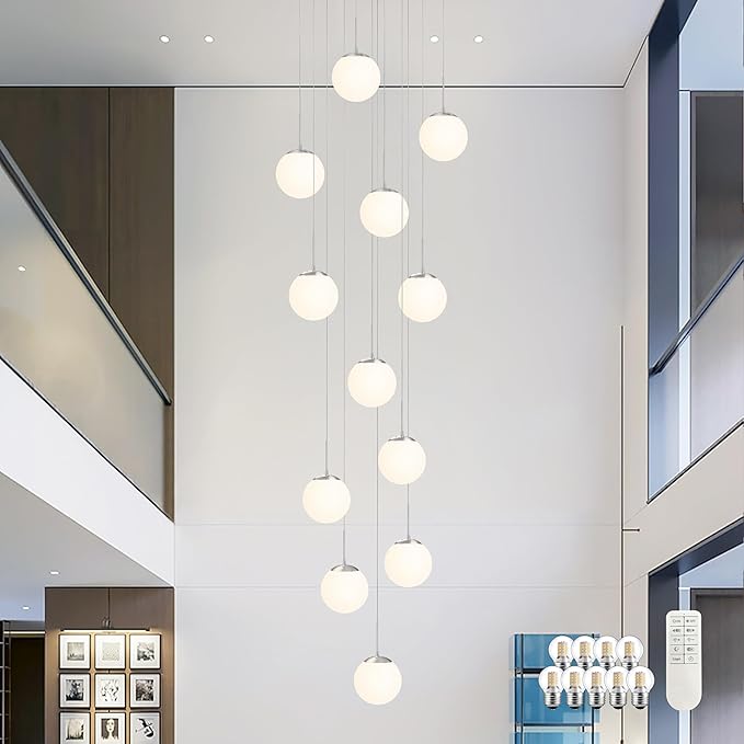 KoKo&Yukina 12-Light Nickel Mid Century Modern Chandelier for Living Room Staircase Chandelier for Entryway Globe Milky White Glass Pendant Light High Ceiling Chandeliers Foyer (Bulb & Remote Incl.)