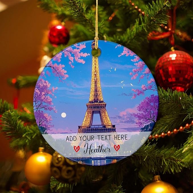 Personalized Text/Name Paris Eiffel Tower Christmas Ornament, France Paris Skyline Ceramic Ornament Christmas 2025, France Travel Souvenir Ornaments Gift, Customized Eiffel Tower Trip Xmas Tree Decor