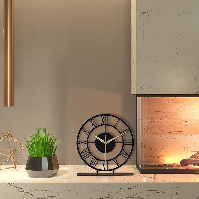 8.9x9.5 Metal Desk Clock, Black Round Silent Non-Ticking Analog Table Clock, Battery Operated, Decorative Desk and Shelf Clock, Desk Clocks for Living Room Bedroom Kitchen Office School